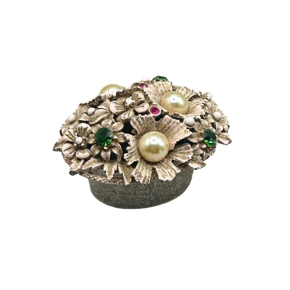 Vintage Florenza Small Enameled Trinket Box Basket of Flowers Rhinestones Pearls - Picture 1 of 14